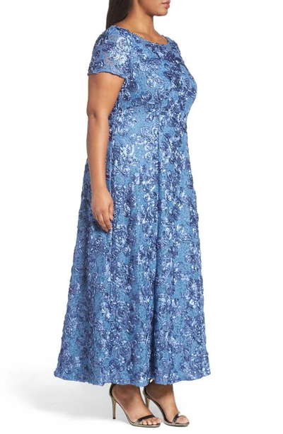Alex Evenings Rosette Lace Short Sleeve A-line Gown In Brushed Periwinkle