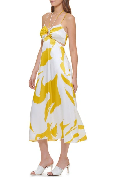 Shop Dkny Print Halter Maxi Dress In White/ Pop Yellow Multi