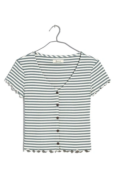 Shop Madewell Stripe V-neck Button-up T-shirt In Foraged Green