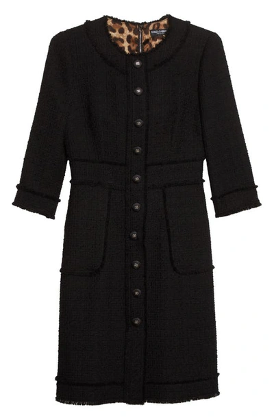 Dolce & Gabbana Raschel Button-embellished Wool-blend Tweed Dress In Black