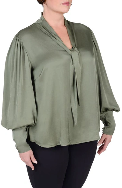 Mayes Nyc Plus Size Mia Bishop-sleeve V-neck Blouse In Olive