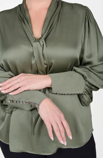 Mayes Nyc Plus Size Mia Bishop-sleeve V-neck Blouse In Olive