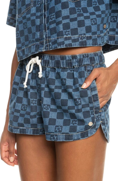 Shop Roxy New Impossible Check Cotton Shorts In Mood Indigo Sol Powe