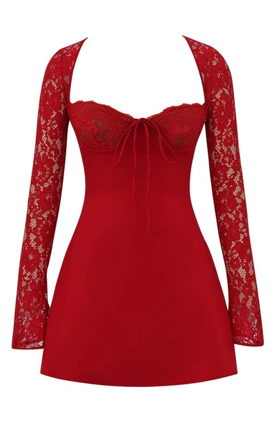 Shop House Of Cb Jennica Long Sleeve Satin & Lace Minidress In Red Rose