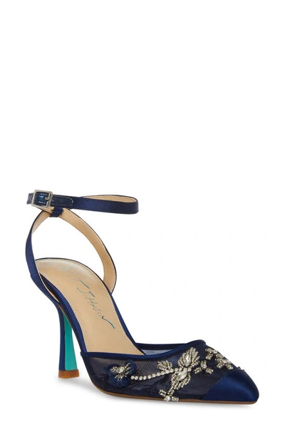 Shop Betsey Johnson Micki Crystal Lace Ankle Strap Pump In Navy