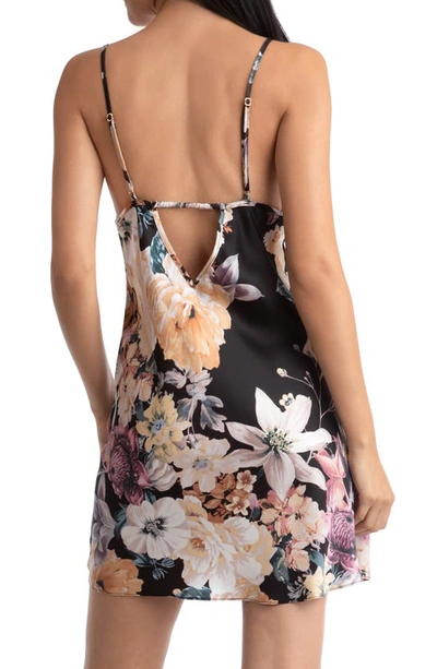 Shop Midnight Bakery Lyric Floral Ruffle Trim Tie Front Satin Chemise In Moody Blooms/ Black