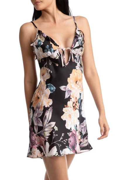 Shop Midnight Bakery Lyric Floral Ruffle Trim Tie Front Satin Chemise In Moody Blooms/ Black