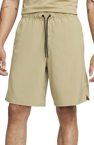 Shop Nike Dri-fit Unlimited Training Shorts In Olive/ Black/ Neutral Olive