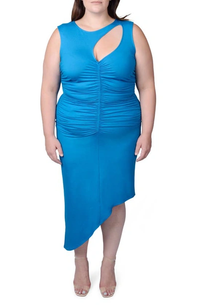 Shop Mayes Nyc Sarah Cutout Asymmetric Shirred Dress In Blue