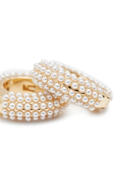 Shop Allsaints Imitation Pearl Huggie Hoop Earrings In Pearl/ Gold