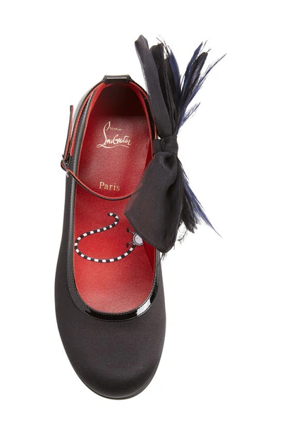 Shop Christian Louboutin Kids' Anemonina Feather Bow Ankle Strap Ballet Flat In Black