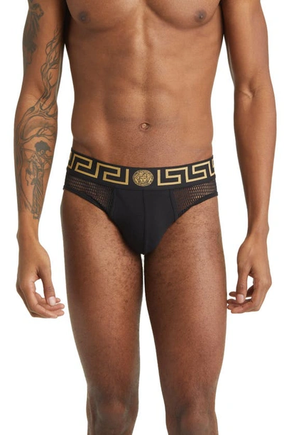 Shop Versace Greca Border Mesh Briefs In Black