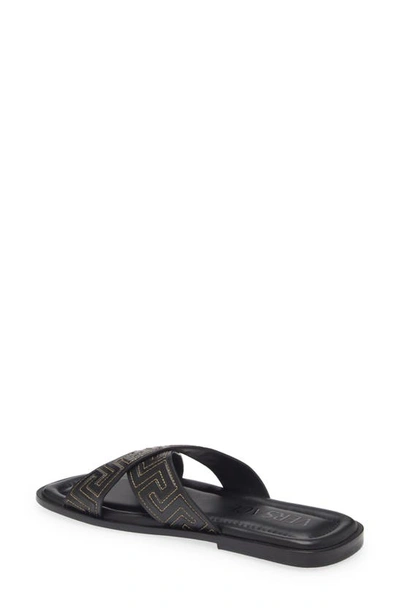 Shop Versace La Greca Leather Slide Sandal In Black/ Gold