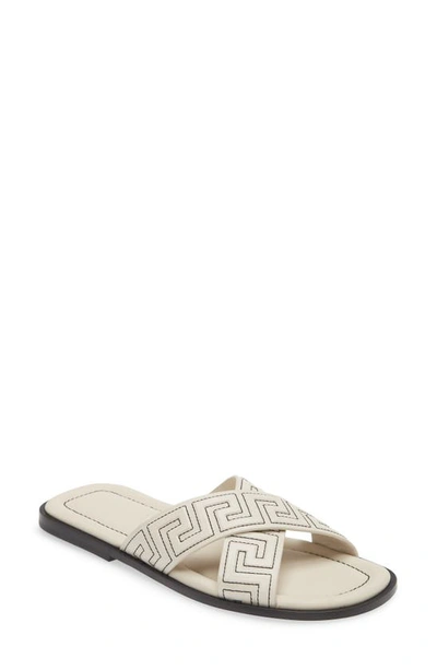 Shop Versace La Greca Leather Slide Sandal In Off White/ Black