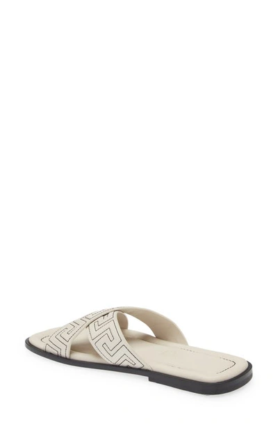 Shop Versace La Greca Leather Slide Sandal In Off White/ Black