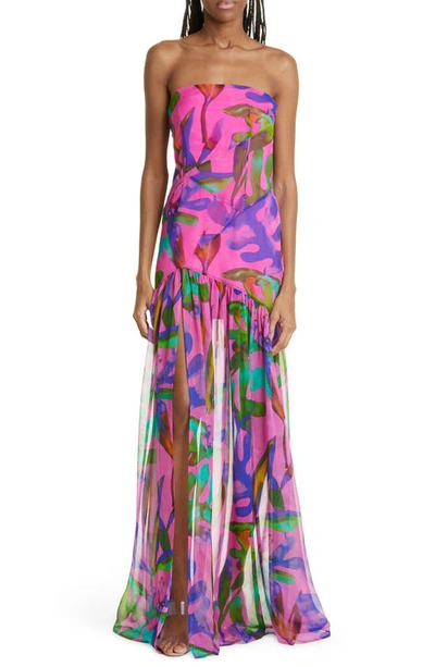 Shop Retroféte Nicole Print Strapless Silk Dress In Tropical Leaf