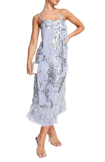 Asos Design Floral Sequin And Bead Midi Dress With Feather Hem In Violet-purple In Lilac
