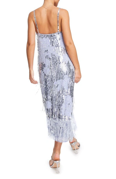 Asos Design Floral Sequin And Bead Midi Dress With Feather Hem In Violet-purple In Lilac