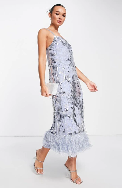 Asos Design Floral Sequin And Bead Midi Dress With Feather Hem In Violet-purple In Lilac