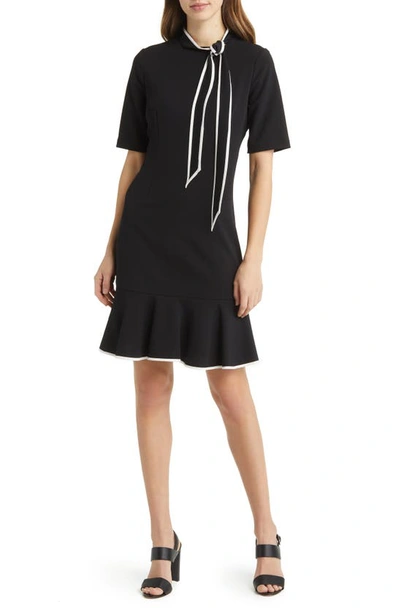 Shop Adrianna Papell Tie Neck Short Sleeve Crepe Sheath Dress In Black/ivory
