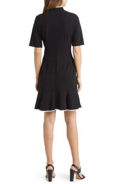 Shop Adrianna Papell Tie Neck Short Sleeve Crepe Sheath Dress In Black/ivory