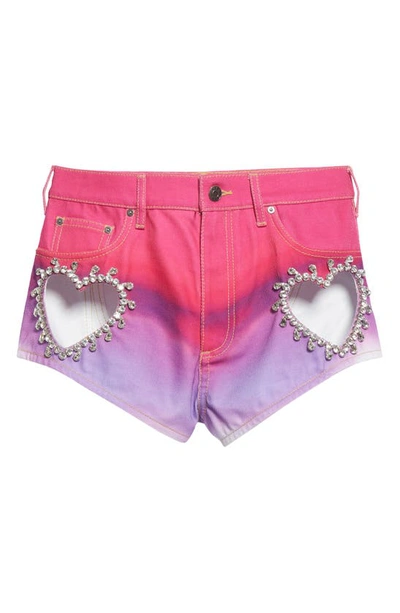 Shop Area Crystal Heart Ombré Denim Shorts In Pink Multi