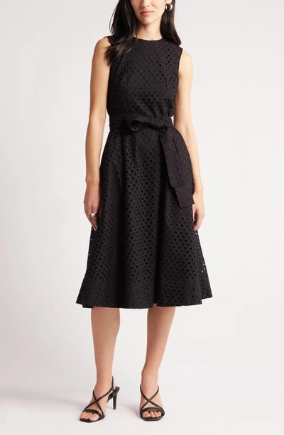 Shop Natori Eyelet Sleeveless Cotton Fit & Flare Dress In Black