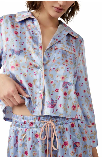 Shop Free People Pillow Talk Satin Short Crop Pajamas In Blue Combo