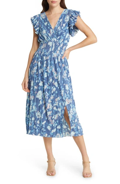 Shop Chelsea28 Flutter Sleeve Plissé Midi Dress In Blue Fade Floral