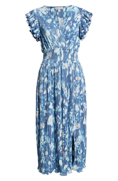 Shop Chelsea28 Flutter Sleeve Plissé Midi Dress In Blue Fade Floral