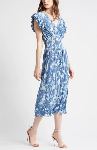 Shop Chelsea28 Flutter Sleeve Plissé Midi Dress In Blue Fade Floral