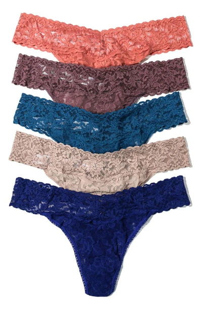Shop Hanky Panky Assorted 5-pack Lace Original Rise Thongs In Himalayan Pink/dusk/beguiling