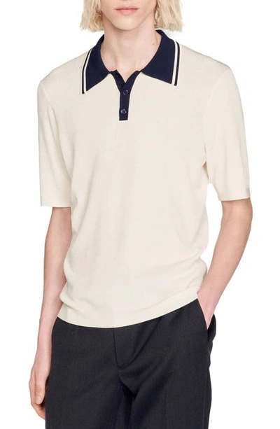Sandro Stripe Collar Polo Sweater In Off White