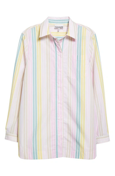 Shop Ganni Stripe Organic Cotton Button-up Shirt In Pink Multicolour