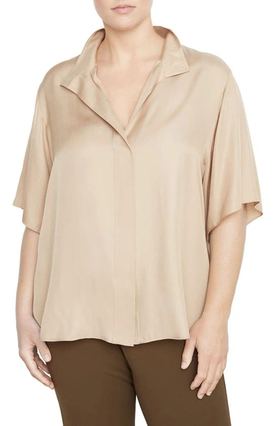 Shop Vince Stand Collar Silk Blend Blouse In 268plw-pale Wheat