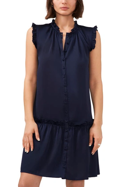 Shop Halogen Ruffle Trim Button Down Dress In Classic Navy