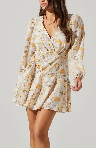 Shop Astr Floral Print Side Tie Long Sleeve Minidress In Yellow Multi Floral