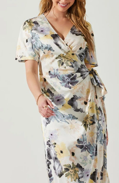 Shop Astr Floral Short Sleeve Wrap Dress In Charcoal Taupe Floral