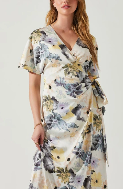Shop Astr Floral Short Sleeve Wrap Dress In Charcoal Taupe Floral