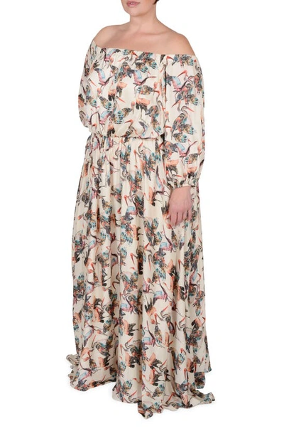 Shop Mayes Nyc Eddy Off The Shoulder Long Sleeve Maxi Dress In Crane Print