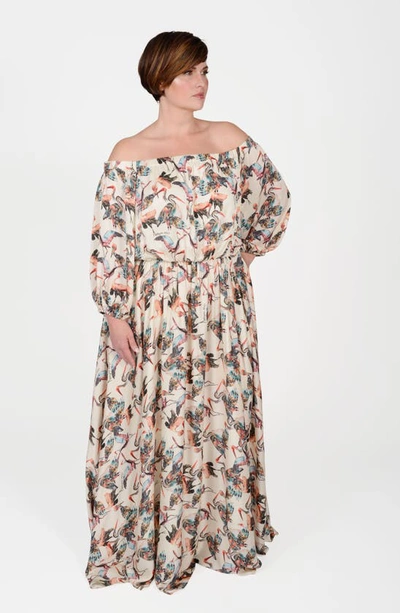 Shop Mayes Nyc Eddy Off The Shoulder Long Sleeve Maxi Dress In Crane Print