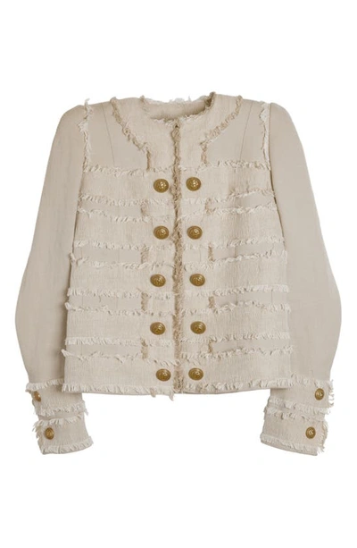 Shop Balmain Fringed Cotton Stretch Hopsack Jacket In Beige