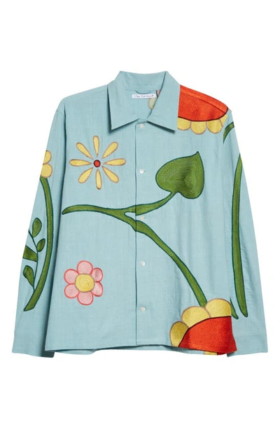 Shop Sky High Farm Workwear Gender Inclusive Embroidered Flower Cotton Button-up Shirt In Light Blue