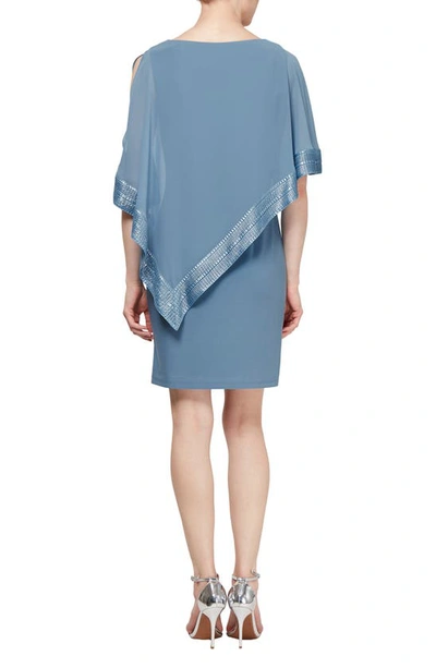 Sl Fashions Foil Trim Asymmetrical Popover Capelet Sheath Dress In Coronet/silver
