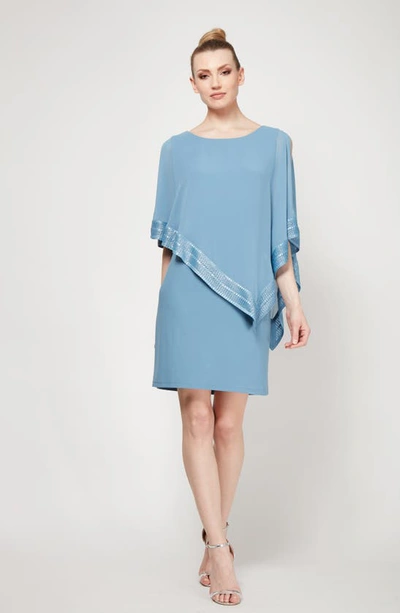 Sl Fashions Foil Trim Asymmetrical Popover Capelet Sheath Dress In Coronet/silver