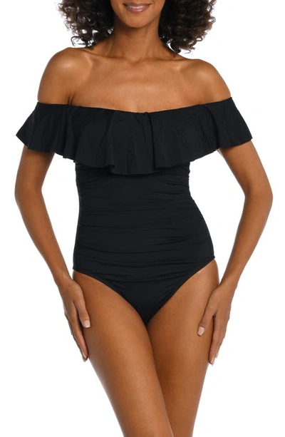 La Blanca Island Goddess Off Shoulder Ruffle One Piece In Black In Black
