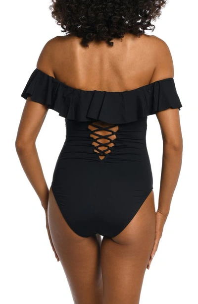 La Blanca Island Goddess Off Shoulder Ruffle One Piece In Black In Black