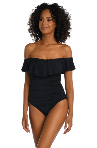 La Blanca Island Goddess Off Shoulder Ruffle One Piece In Black In Black