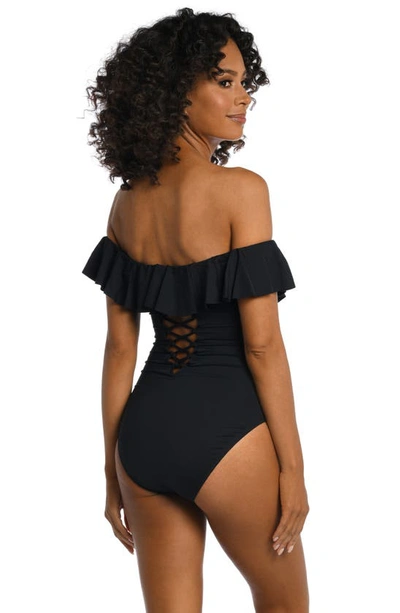 La Blanca Island Goddess Off Shoulder Ruffle One Piece In Black In Black