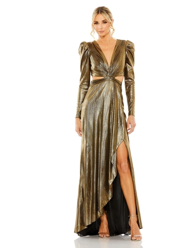 Shop Mac Duggal Princess Sleeve Cut Out Metallic Gown In Antique Gold